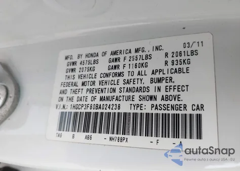 2011 Honda Accord 3.5 Ex-L из США, поврежденный, VIN 1HGCP3F80BA024238